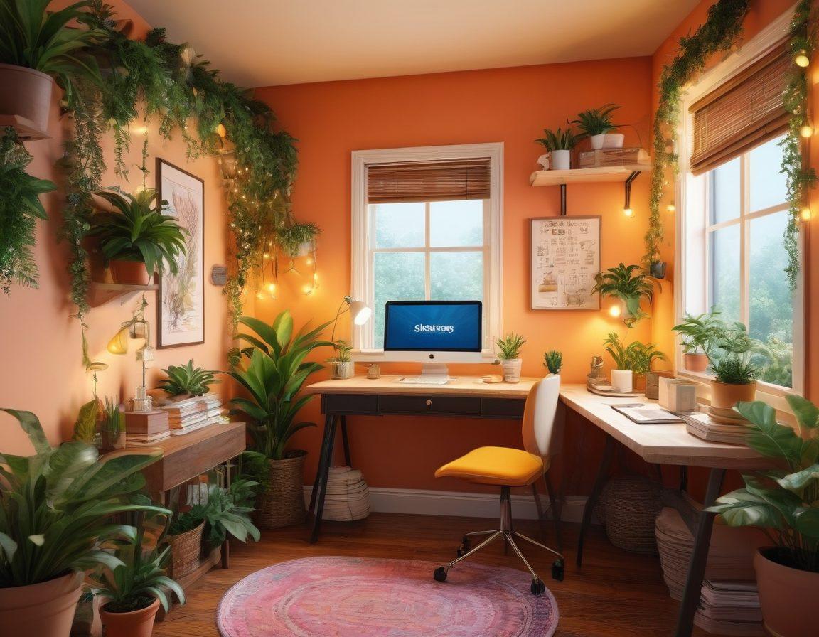 A cozy virtual workspace bathed in warm, inviting colors, featuring a transformation from a dull, cluttered space to a vibrant haven with lush plants, twinkling fairy lights, and motivational quotes on the walls. The before and after scenes blend seamlessly, showcasing a magical ambiance that inspires creativity and joy. super-realistic. vibrant colors. 3D.
