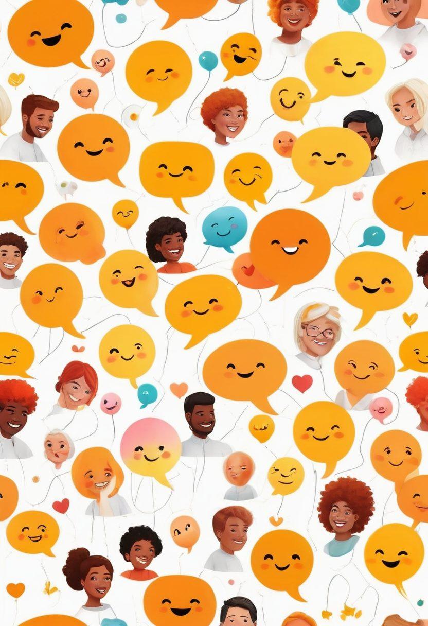 A vibrant, digital landscape with diverse people coming together, showcasing kindness and support through virtual interactions. Include elements like chat bubbles filled with emojis, colorful icons representing friendship and collaboration, and a glowing network connecting them all. The scene should exude positivity and joy, with a warm color palette. super-realistic. vibrant colors. white background.