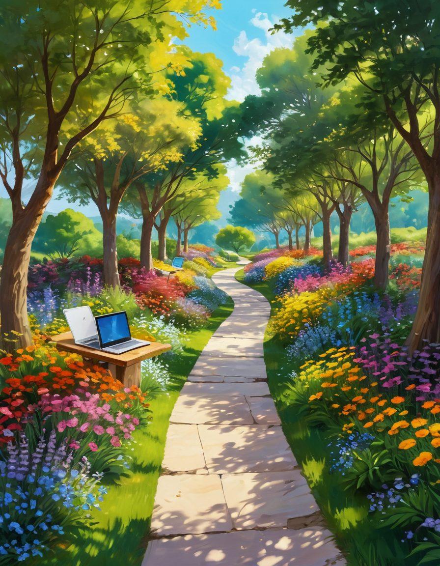 A serene pathway winding through a vibrant, lush landscape symbolizing online happiness, with joyful individuals interacting with technology like laptops and tablets. Soft sunlight filtering through trees, bright flowers lining the path, and digital icons representing online experiences floating in the air. Include a whimsical feel for inspiration. painting. vibrant colors. soft background.